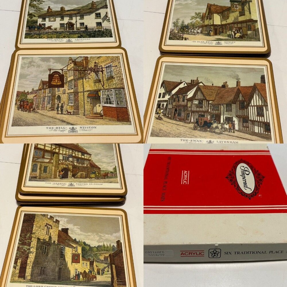 Vtg 6 Pimpernel English Thatched-Roof Cottages Cork-Backed Placemats